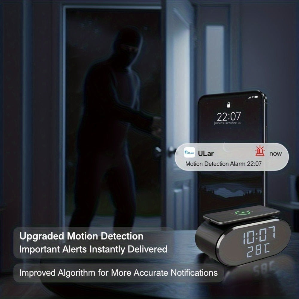 Cámara de seguridad inalámbrica despertador 4K con detección de movimiento, compatible con visualización remota en tiempo real por WIFI, notificaciones de alarma por aplicación y correo electrónico, compatible con Android e IOS, carga USB, incluye tarjeta