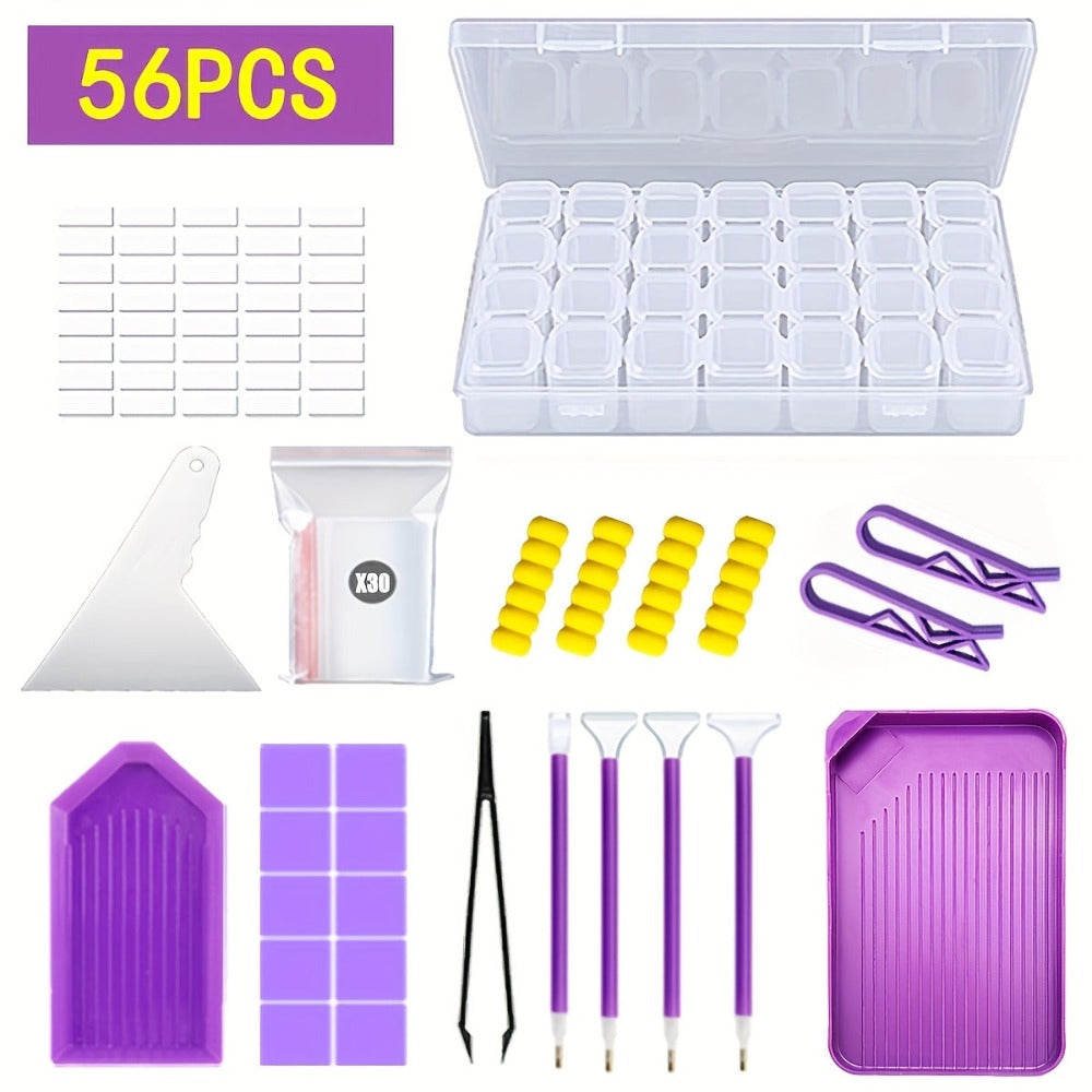 Kit de herramientas y adiciones para pintura de diamantes sintéticos 5D de 56 piezas con juego de bordado de diamantes y pinzas para manualidades artísticas de fabricación de pinceles de varios tamaños para adultos y cuchillo de goma corrector