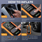 Arrancador de Coche 12000A con Compresor de Aire Inflador de Neumáticos Inalámbrico, Booster de Batería de 25000mAh con Pack de Batería Externa y Linternas LED, Caja de Arranque Automático de 12V para Todos los Vehículos de Gasolina o Diésel de 10.0L, Pan