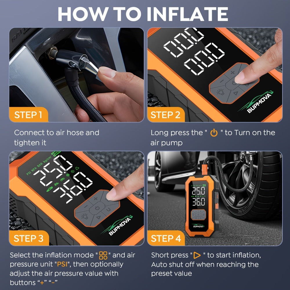 Arrancador de Coche 12000A con Compresor de Aire Inflador de Neumáticos Inalámbrico, Booster de Batería de 25000mAh con Pack de Batería Externa y Linternas LED, Caja de Arranque Automático de 12V para Todos los Vehículos de Gasolina o Diésel de 10.0L, Pan