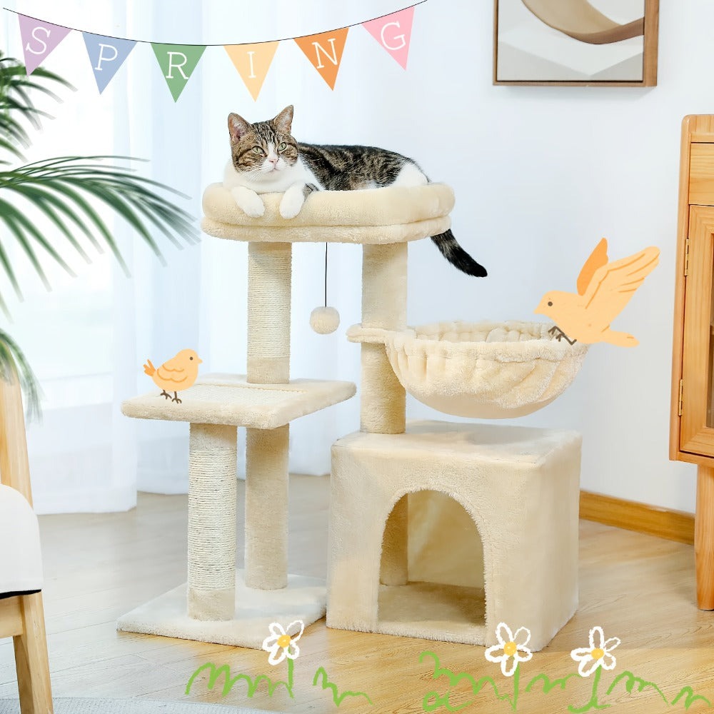 Árbol para Gatos Pequeños de Pawz Road para Interiores - Centro de Actividades Convertible 2-en-1 con Postes Rascadores, Hamaca de Peluche y Percha Superior Desmontable, Diseño Robusto Ahorrador de Espacio para Gatitos, Gris y Beige, Árbol Lindo para Gato
