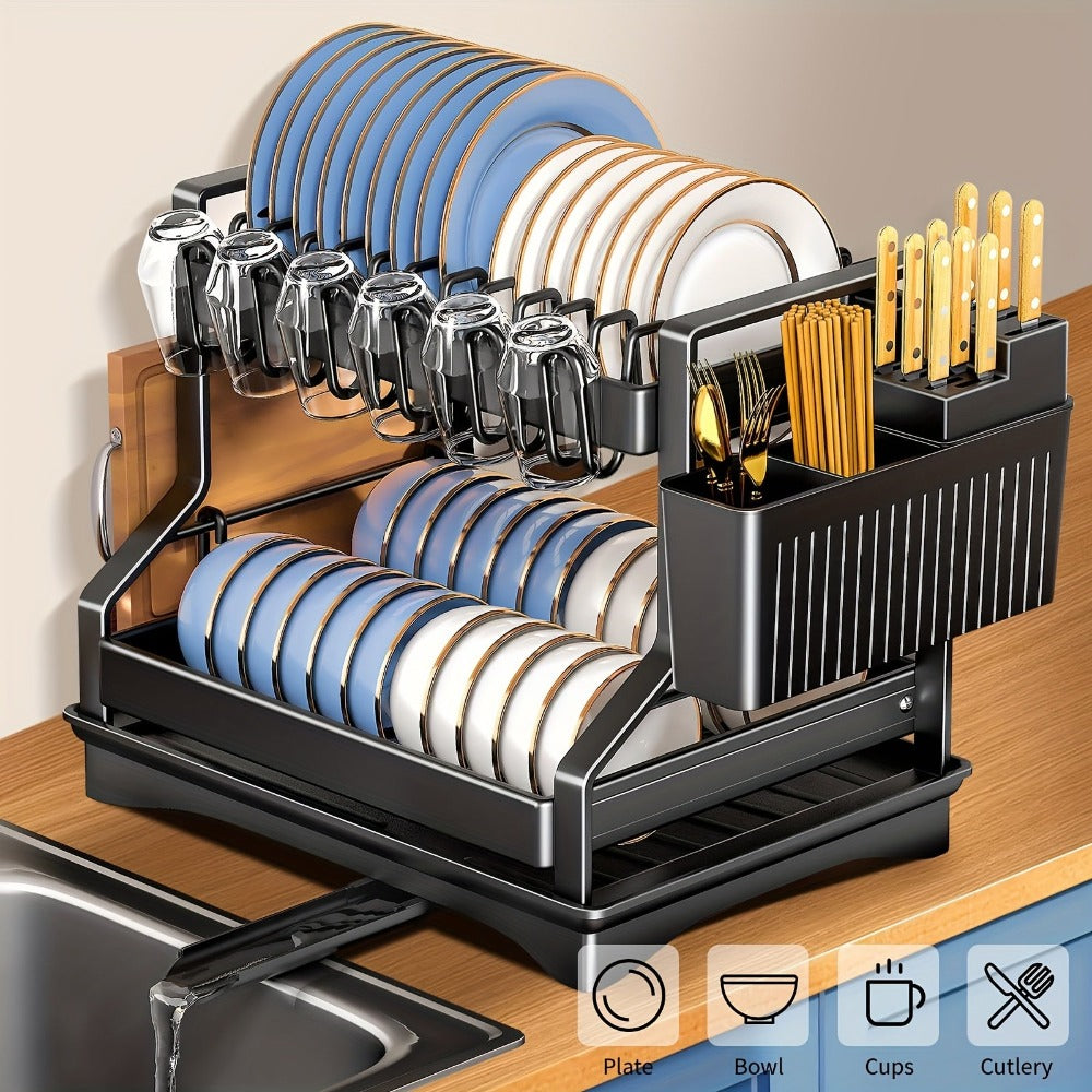 Escurridor de platos de 2 niveles de alta resistencia tipo acero con escurridor ajustable, escurridor giratorio, soportes para utensilios y tazas, organizador de encimera de cocina que ahorra espacio - Escurridor de platos compacto para platos, ollas, sar