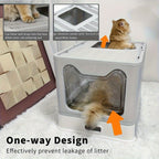 Arenero para gatos de acero inoxidable con entrada frontal y salida superior, diseñado para facilitar la limpieza, ideal para gatos y otras mascotas