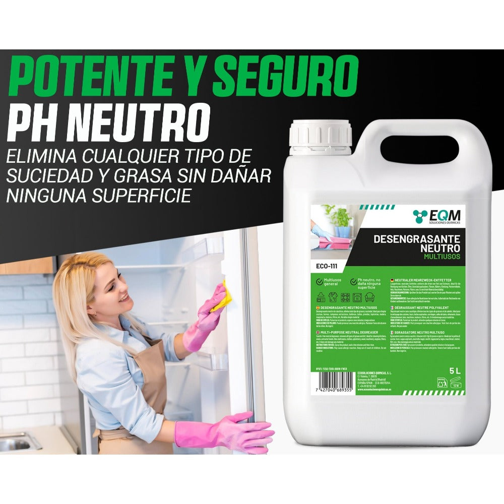 EQM - ECO-111 - Desengrasante Neutro Todo en Uno - 5L - Potente, Seguro y Respetuoso con todas las superficies - Hogar, industria, vehículos, barcos, hoteles, etc.