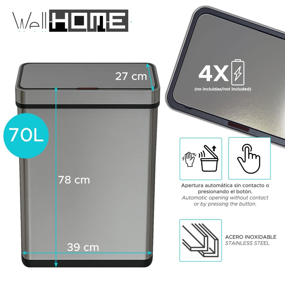 Well Home Cubo de Basura de 50-70L en Acero inoxidable con Sensor automático y Filtro antiolor Carbon Bins