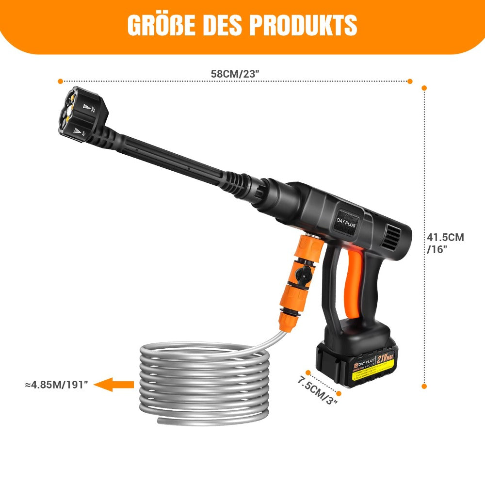 Lavadora a Presión Inalámbrica 21V 450Bar/652 PSI Portátil con 1X o 2X Batería, Boquilla Ajustable 6 en 1, Manguera de 16.4 Pies, Limpiadora de Presión para Coche/Suelo/Jardín y Riego de Patio