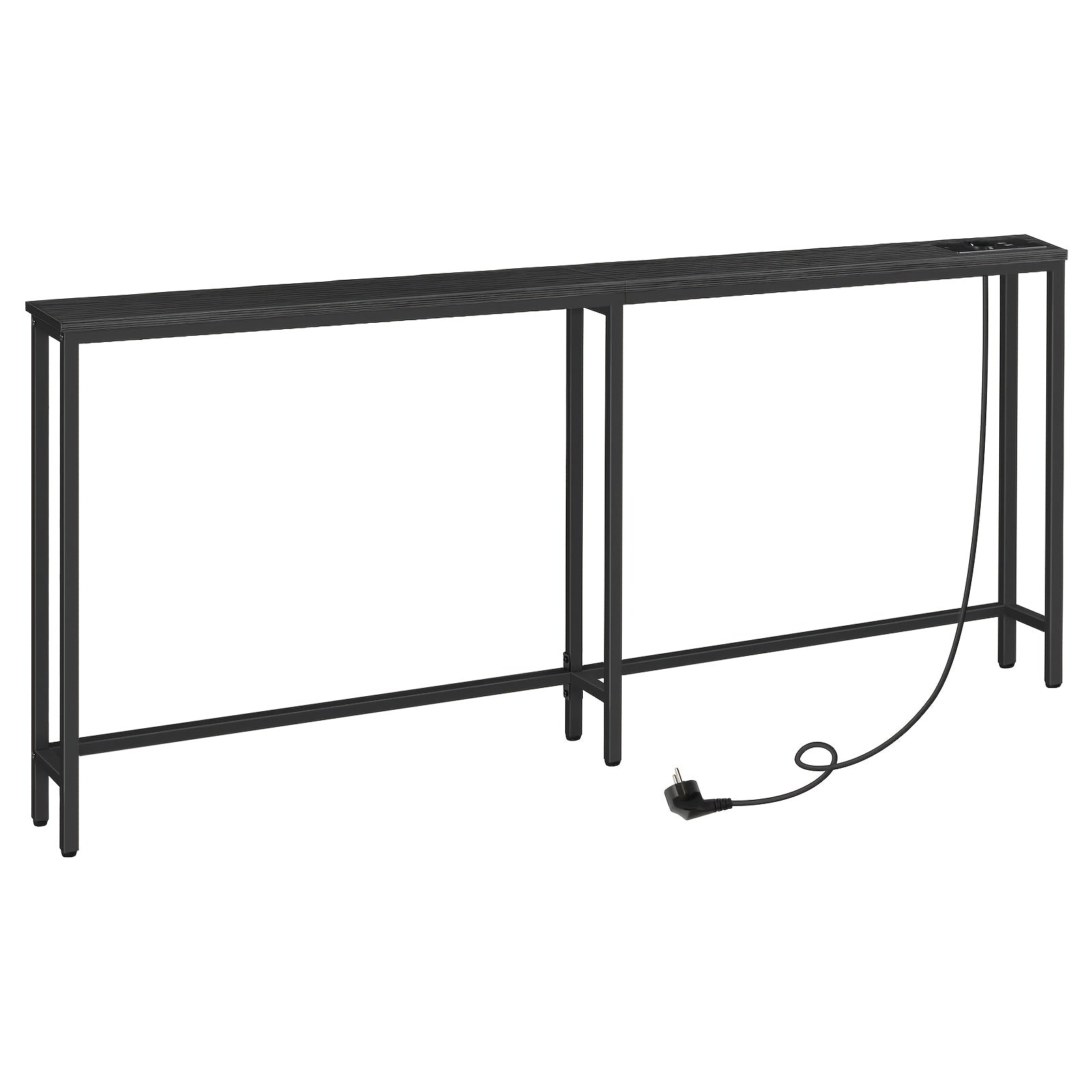 Mesa Estrecha de Consola con Regleta, Mesa de Consola con Estación de Carga, Mesa Estrecha para Sofá, Mesa de Consola Detrás del Sofá, Para Entrada, Pasillo, Marrón Rústico y Negro