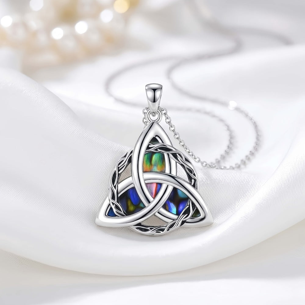 Collar de plata de ley 925 con nudo celta triquetra y concha de abulón, colgante irlandés de la suerte retro, joyería elegante de uso diario para mujer, accesorio de moda clásico