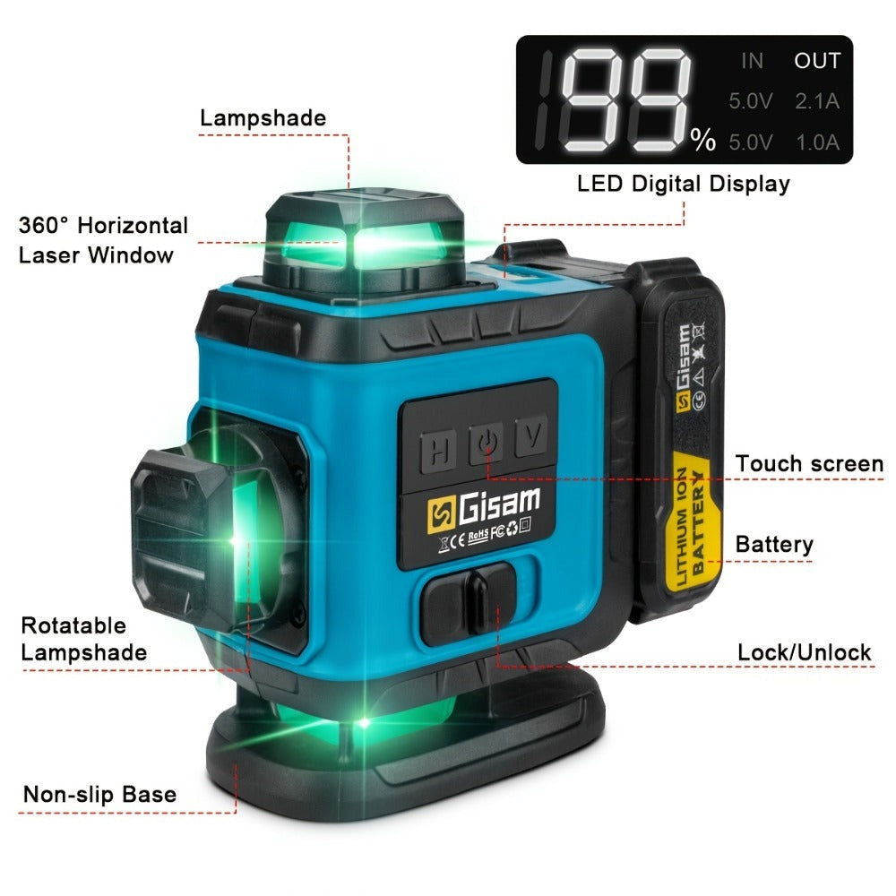 Nivel láser láser verde 4D multifuncional Gisam de 16 líneas con trípode y control por aplicación, autonivelante 360° con líneas cruzadas horizontales y verticales, alimentado por USB y batería, incluye estuche de transporte, haz superpotente, diseño port