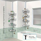 Estante de esquina ajustable de acero inoxidable para baño, 4 niveles, resistente al óxido, con soporte de tensión para ducha, con ganchos y jabonera, ideal para bañera/ducha (63.5-290 cm), organizador de almacenamiento de baño de alta gama sin taladro