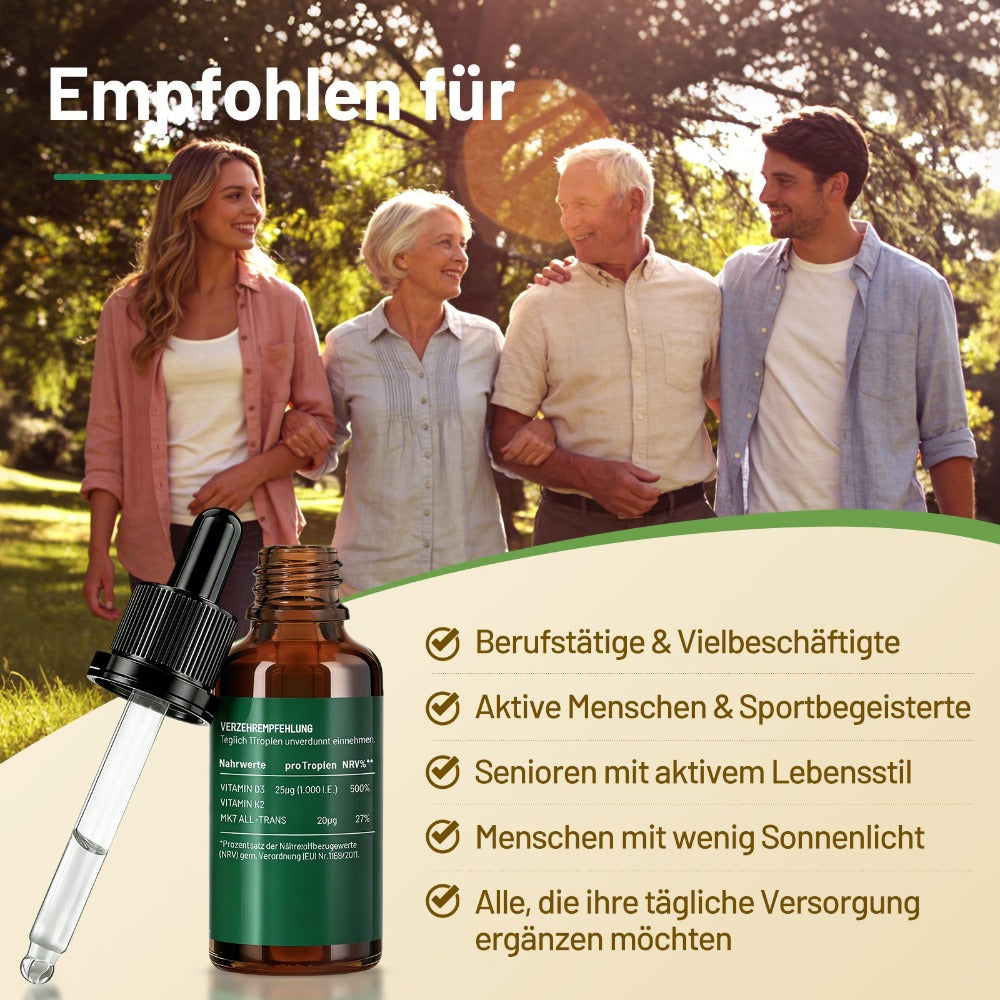 Gotas de Vitamina D3 K2 de Dosis Alta - 50 ml, 1000 IU de Vitamina D3 por Día por Gotita, Dosis Alta - Vegana, Sin Aditivos, Producido en Alemania.