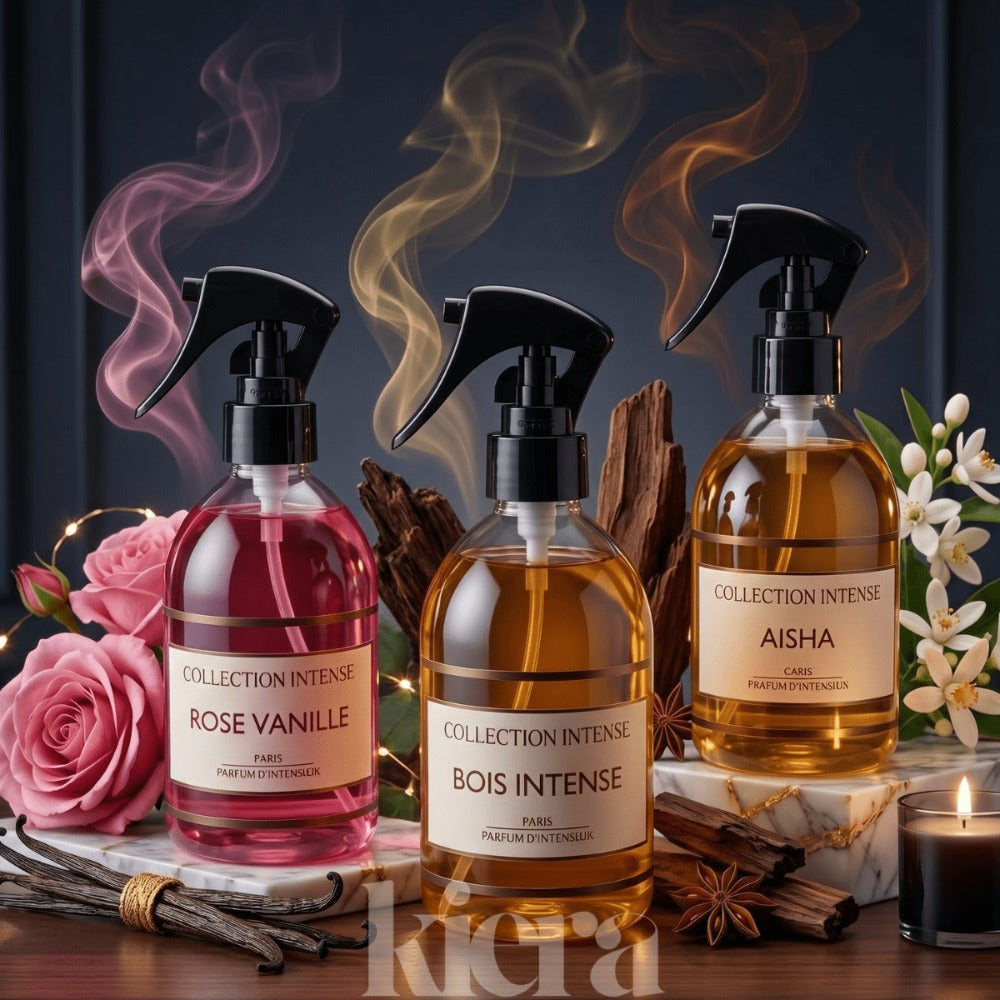 Intense Collection - Lote de 3 piezas de perfume en spray de 250ML para interiores y textiles, Wood Intense, Aisha, Rose Vanilla