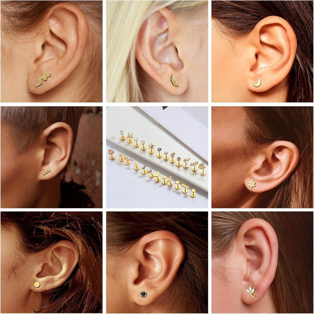 2D Plano - 24pcs Pendientes de Cartílago para Mujer Hombre 20G Acero quirúrgico Plano Dorso Pendientes de Plata CZ para helix Concha Pendientes Pequeños de Dorso Plano Hipoalergénicos