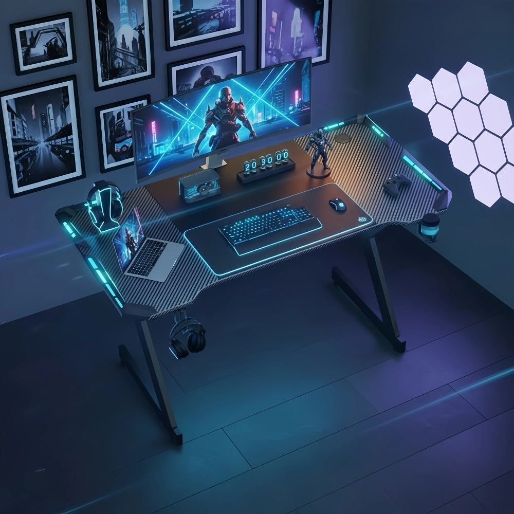 Escritorio de Oficina con Iluminación LED, 100 cm de Tamaño Extra Grande con Revestimiento de Fibra de Carbono, Escritorio para Hogar/Oficina y Gaming, con Portavasos y Soporte para Auriculares, , con Organizador de Cables, Ideal para Trabajadores Remotos
