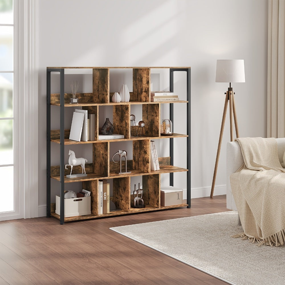 Estantería de Oficina, Estante de Almacenamiento, Estante de 4 Niveles, Estantería de 14 Compartimentos, Adecuada para Oficinas, Estudios y Salas de Estar, 120x30x120 cm, Color Madera Quemada/Veta de Madera Clara + Blanco