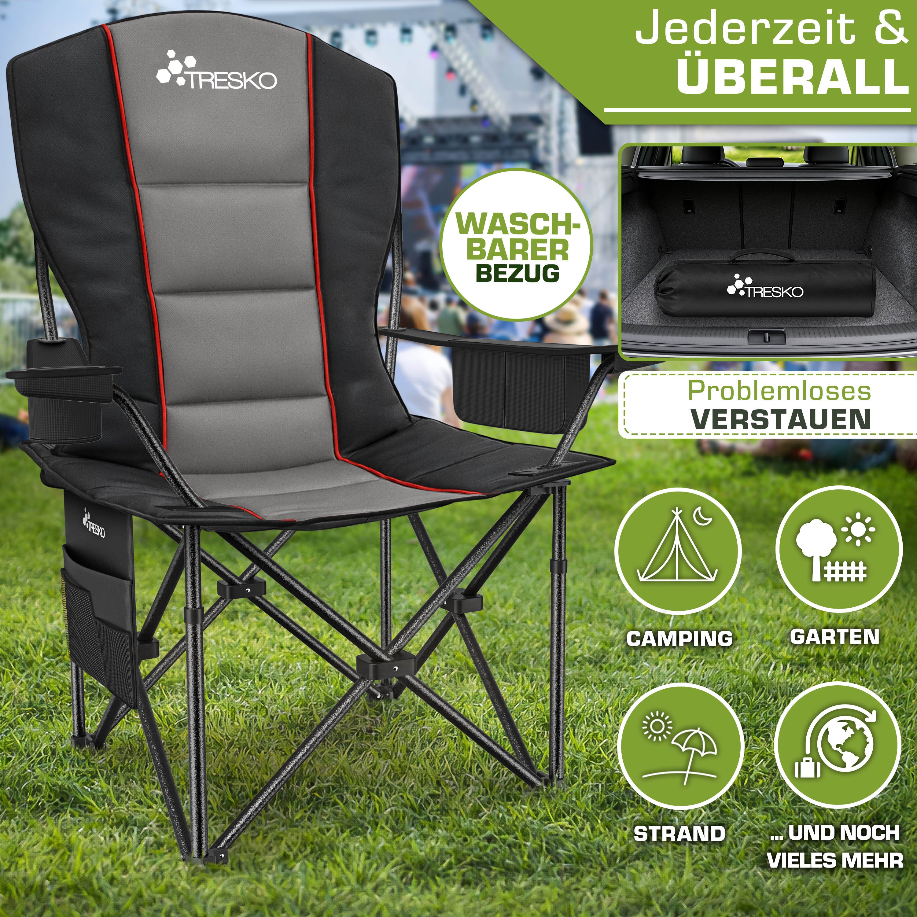TRESKO® Silla de Camping Plegable hasta 200Kg | Silla Plegable con Bolsa Nevera, Portavasos y Bolsillo Lateral | Silla XXL Plegable Incluye Bolsa de Transporte | Silla de Pesca Acolchada para Exterior, Pesca, Festival y Jardín