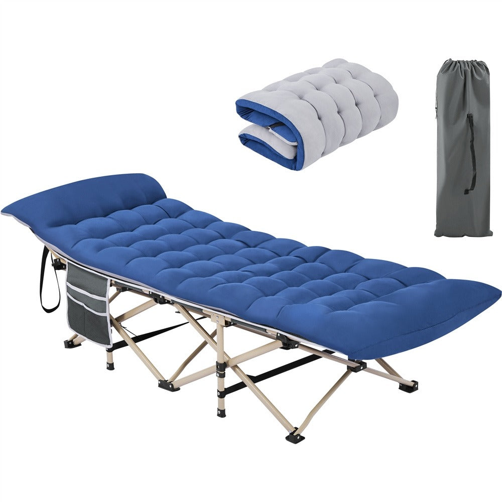 Cama de camping plegable con colchón, tumbona de jardín, cama de invitados con bolsillo lateral y bolsa de transporte para vacaciones en el jardín, oficina, interior y exterior.