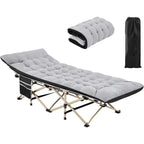 Cama de camping plegable con colchón, tumbona de jardín, cama de invitados con bolsillo lateral y bolsa de transporte para vacaciones en el jardín, oficina, interior y exterior.