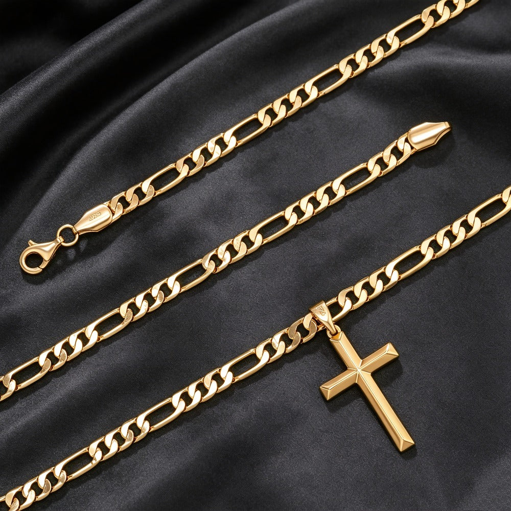 Collar con colgante para hombre de plata 925, cadena Figaro minimalista chapada en oro de 18K con colgante de cruz 3D, regalo perfecto para él, regalo para el Día del Padre, en caja de regalo