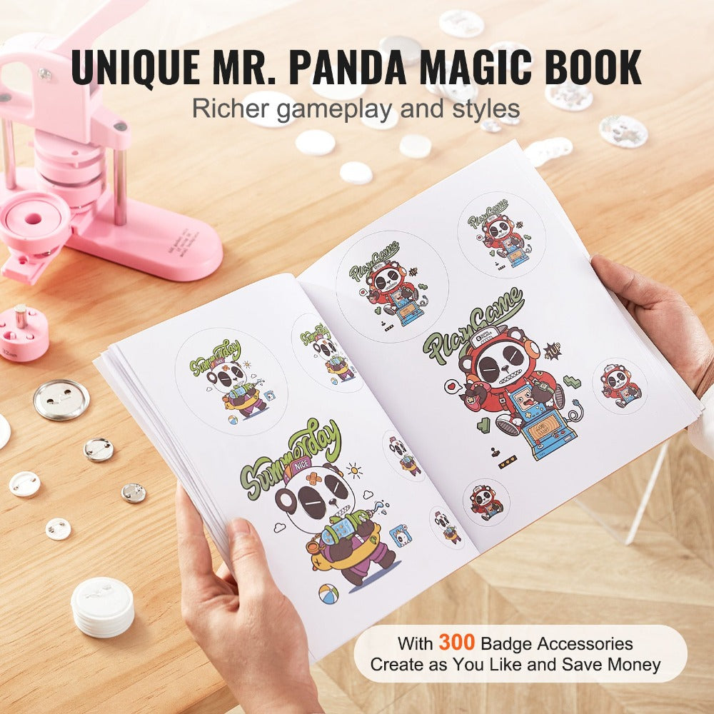 Máquina para hacer botones VEVOR, 1/1.25/2.28 pulgadas (25/32/58 mm) 3-en-1 para hacer pines, 300 piezas para botones, máquina para hacer botones con libro mágico de Panda, kit de prensa de perforación con mango en arco ergonómico, para regalos de bricola