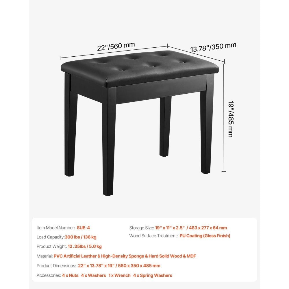 Banca de Piano con Almacenamiento, Asiento Acolchado y Estante de Madera para Libros VEVOR