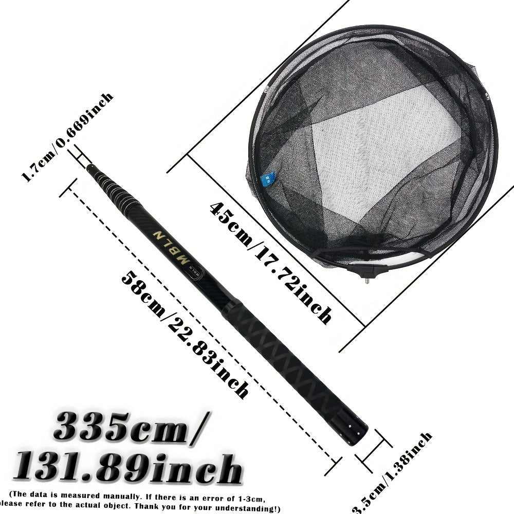 Marca MBLN, Red de enmalle de fibra de carbono, longitud plegada 58 cm, extendida hasta 385 cm, diámetro de la red 45 cm, 2 capas de tela de carbono + 2 capas de tela epoxi, equipo de pesca | Red de fibra de carbono | Red de pesca duradera, red de pesca