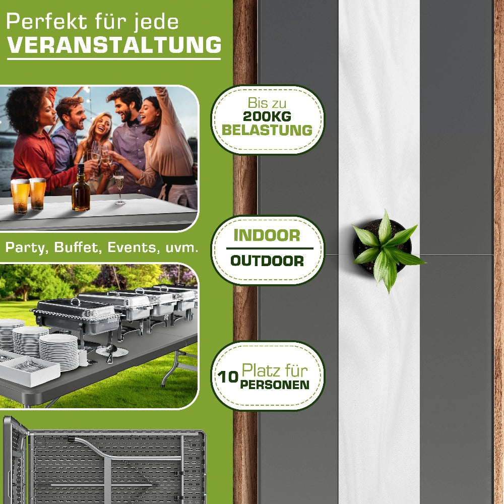 Mesa de Jardín Plegable Tillvex® 220x70 cm, Plástico | Mesa Buffet para 10 Personas con Asa de Transporte | Mesa de Camping Impermeable para Uso Exterior en Jardín, Terraza y Balcón