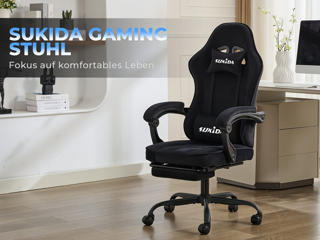 Silla de gaming SUKIDA de tela, silla de gaming ergonómica con reposapiés, silla de carreras para ordenador ajustable con soporte lumbar, silla ergonómica para PC negra