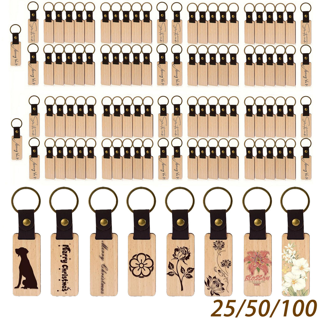 TOCOME 25/50/100 piezas de espacios en blanco para llaveros de madera de haya - Llaveros de madera de haya sin acabar de alta calidad, etiquetas rectangulares sin terminar para grabado láser DIY, llaveros de madera, artesanías de madera, adecuados para pr