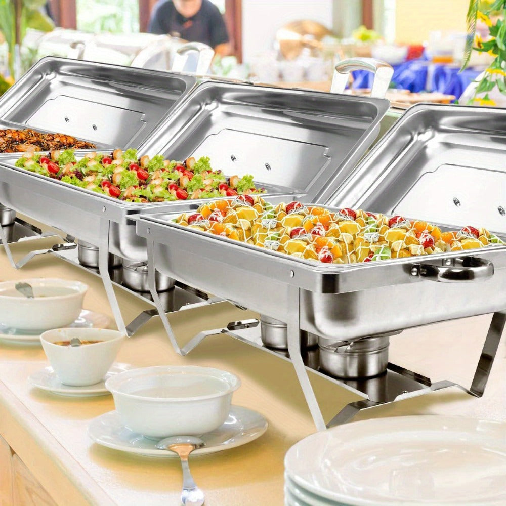 Juego de calentador de alimentos de acero inoxidable, plateado - Incluye tapa aislada, bandeja de agua, bandeja para alimentos, marco, rejilla de combustible - Adecuado para uso comercial y doméstico, utensilios de bufé con tapa cuadrada de acero inoxidab