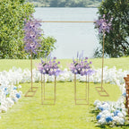 Soporte de 2 x 2 metros + 2 piezas de estantes cuadrados para flores de 27 x 27 x 80 cm, dorados, para bodas, fiestas de cumpleaños