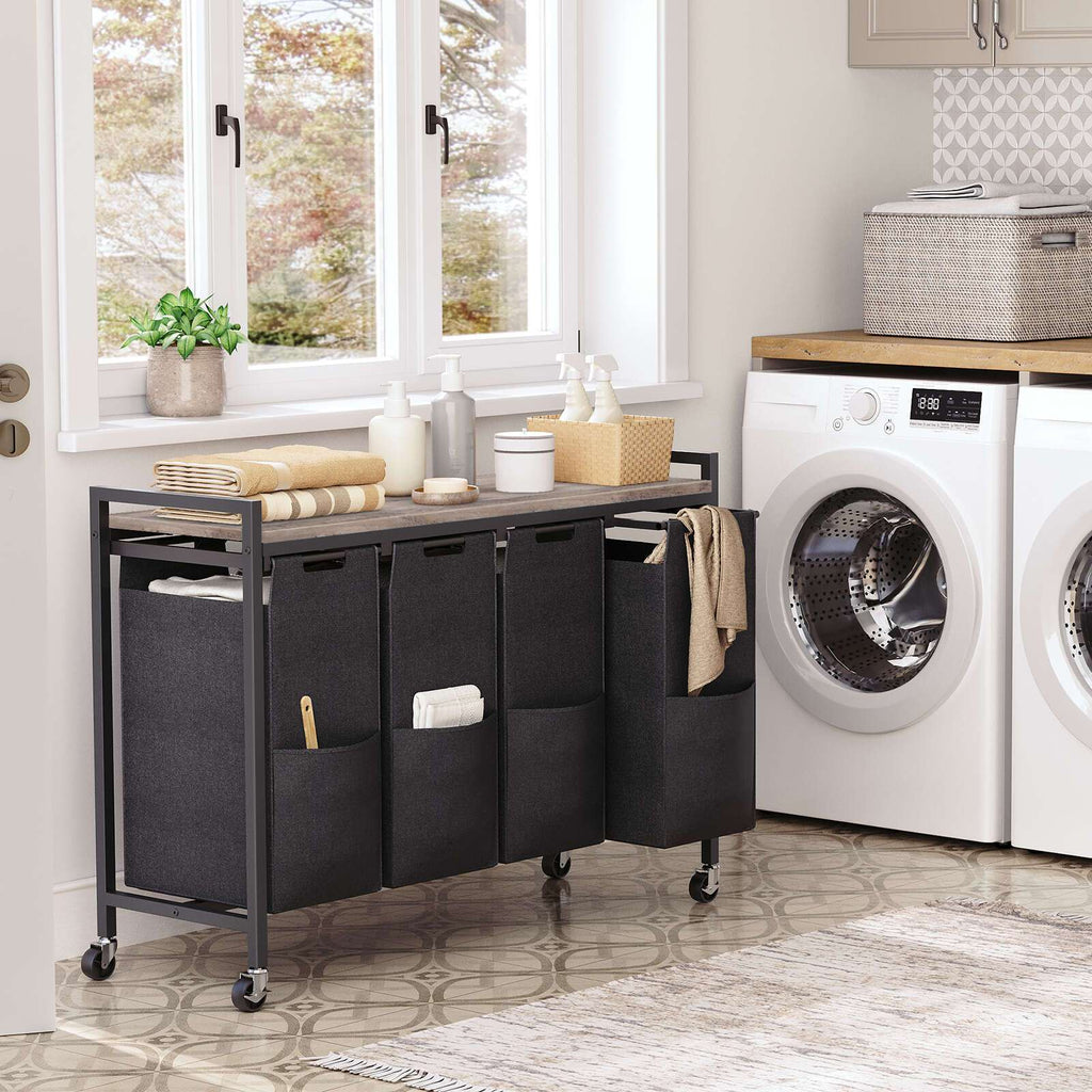 Gris y Negro, Marrón Rústico y Negro, Clasificador de Ropa 4 Secciones, Cesto de Ropa, Cesta de Ropa con Ruedas, 4 × 10.5 Gal (39.8L), Carro Rodante, Bolsas de Lona Oxford Extraíbles y Desmontables, Canastas de Ropa