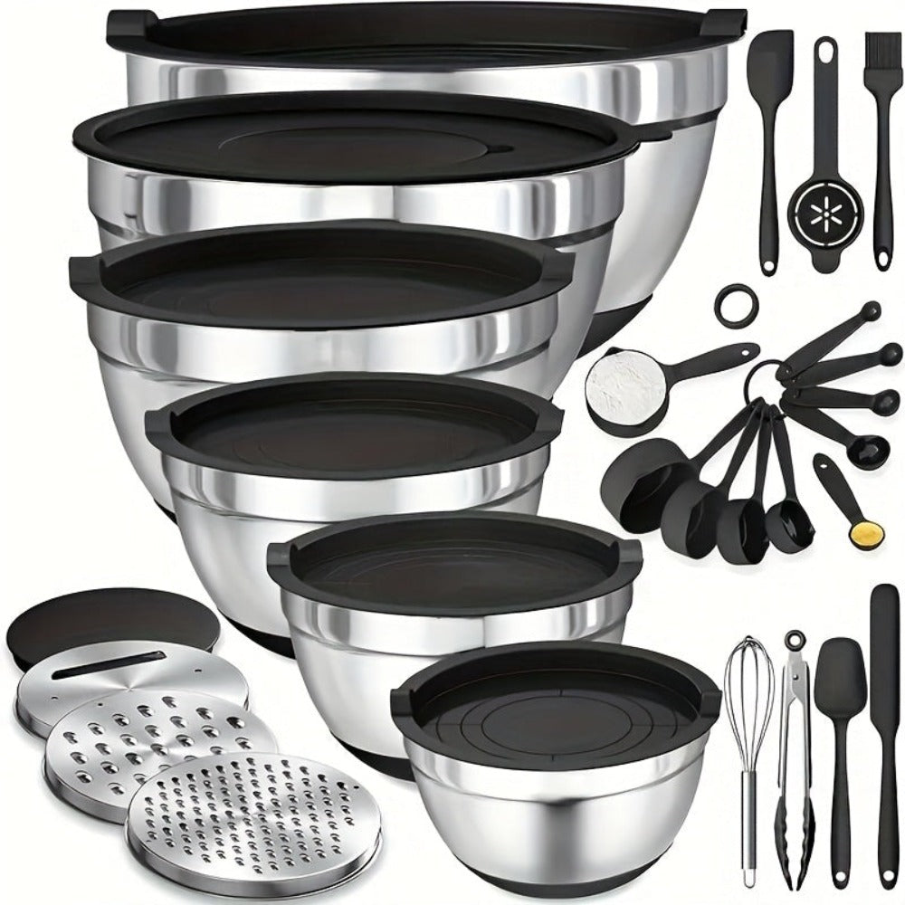 Juego de Tazones para Mezclar de Acero Inoxidable con Cubierta Sellada, Accesorio Rallador, Fondo Antideslizante - 26 piezas Tamaños 5QT, 4.5QT, 3QT, 2.5QT, 2QT, 1.5QT - Ideal para Mezclar y Servir