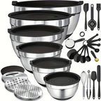 Juego de Tazones para Mezclar de Acero Inoxidable con Cubierta Sellada, Accesorio Rallador, Fondo Antideslizante - 26 piezas Tamaños 5QT, 4.5QT, 3QT, 2.5QT, 2QT, 1.5QT - Ideal para Mezclar y Servir