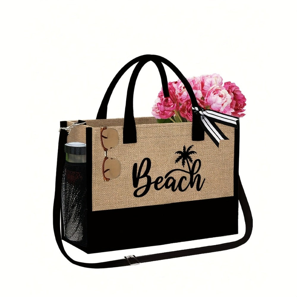 Bolso de Playa para Mujer, con un Diseño Moderno de "Beach" y Sombrero de Playa, Ideal para Vacaciones en la Playa y Bodas al Aire Libre. Un Regalo Perfecto para Mujeres, Madres, Estudiantes y para el Regreso a Clases