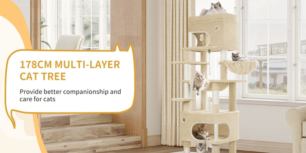 Rascador para Gatos, Árbol de 178 cm con Plataforma Grande, 2 Cuevas, 7 Postes Rascaresos, Pompones, Reposaderos y Hamaca, Adecuado para Todas las Razas de Gato, Gris Claro