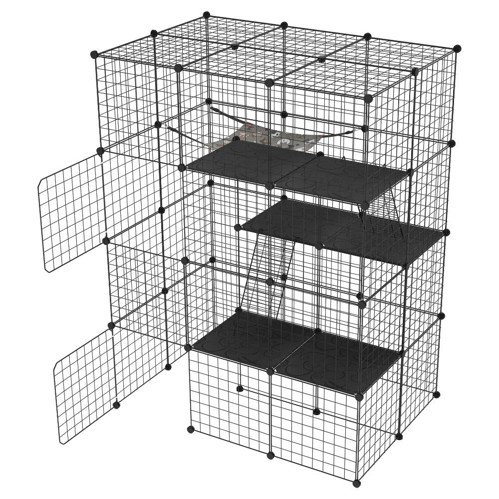 Cerradura Metálica Negra para Exteriores para Conejos, con Puerta y Adecuada para Animales Pequeños como Cobayas y Cachorros, Medidas 146X110X74 Cm (4 Columnas y 3 Capas)