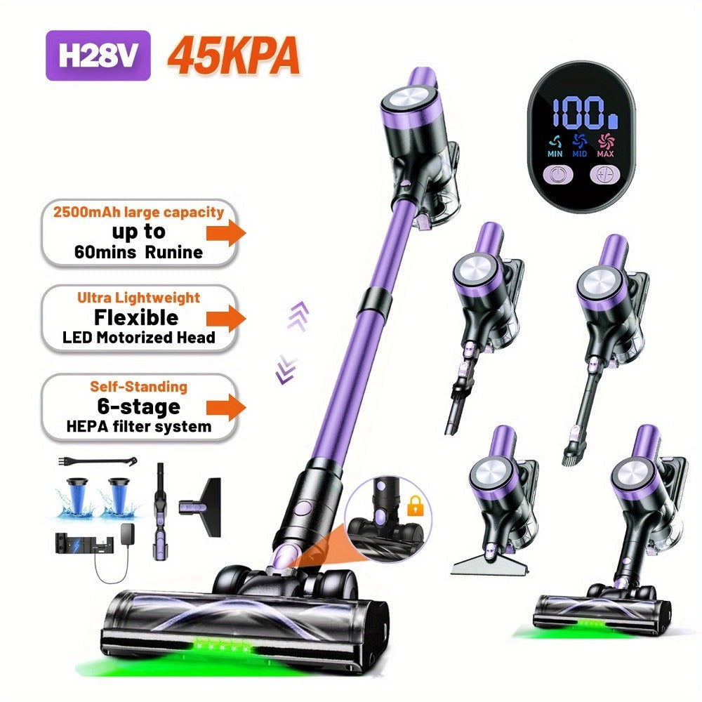 Aspiradora Inalámbrica de Alta Succión para el Hogar, Aspiradora Multiusos 10 en 1 con Cañón, Autonomía de 45 Minutos, 3 Modos de Succión con Luces LED Verdes Mejoradas y Cepillo Sin Enredos para Hogar, Pisos de Madera, Alfombras y Pelo de Mascotas
