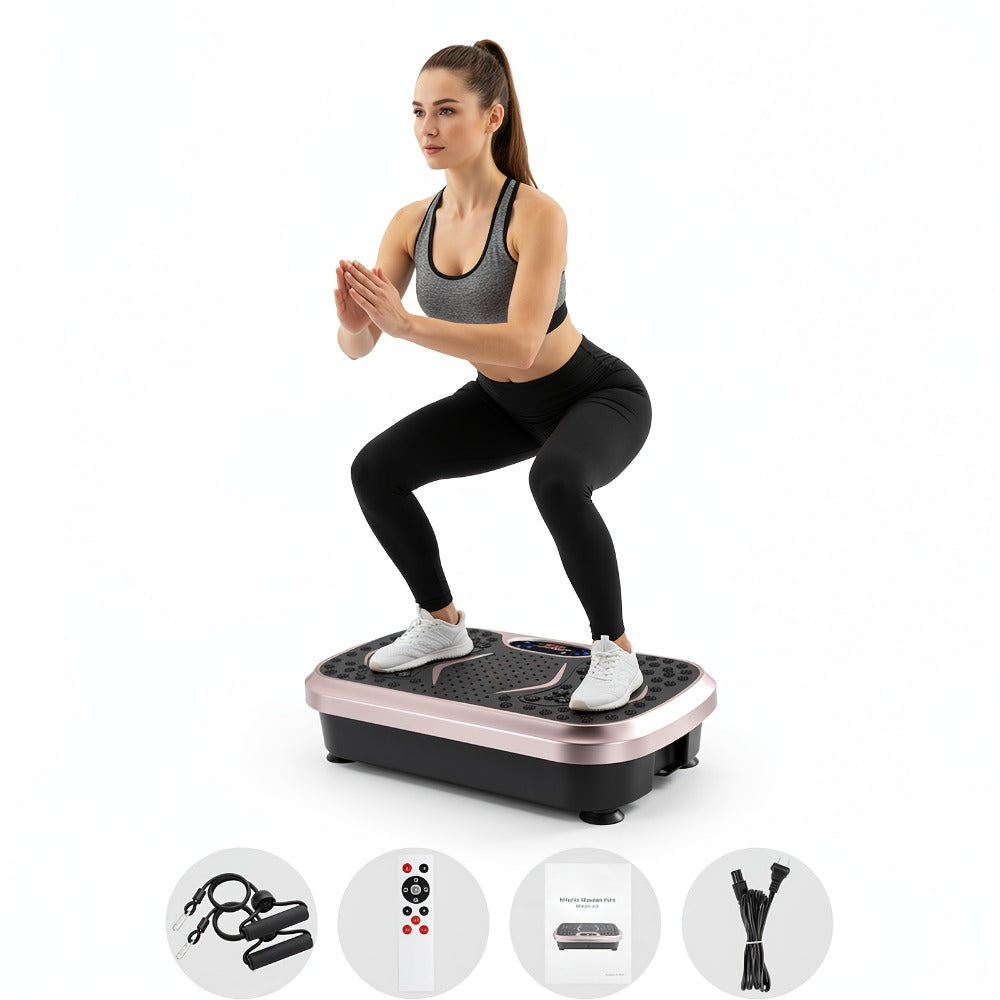 Plataforma de vibración, 5 programas de entrenamiento + 99 niveles de velocidad ajustables, tabla de masaje, cinturón de entrenamiento con diseño antideslizante, tabla de vibración para fitness en casa, entrenamiento de cuerpo completo, capacidad de peso