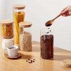 Juego de 3/4 tarros de cristal para almacenamiento de cocina, redondos y cilíndricos con tapa de bambú. 1.3L (44oz)/2L (67oz). Hechos de vidrio de borosilicato de alta resistencia, ligeros y duraderos, aptos para lavavajillas. Adecuados para pasta, frutos