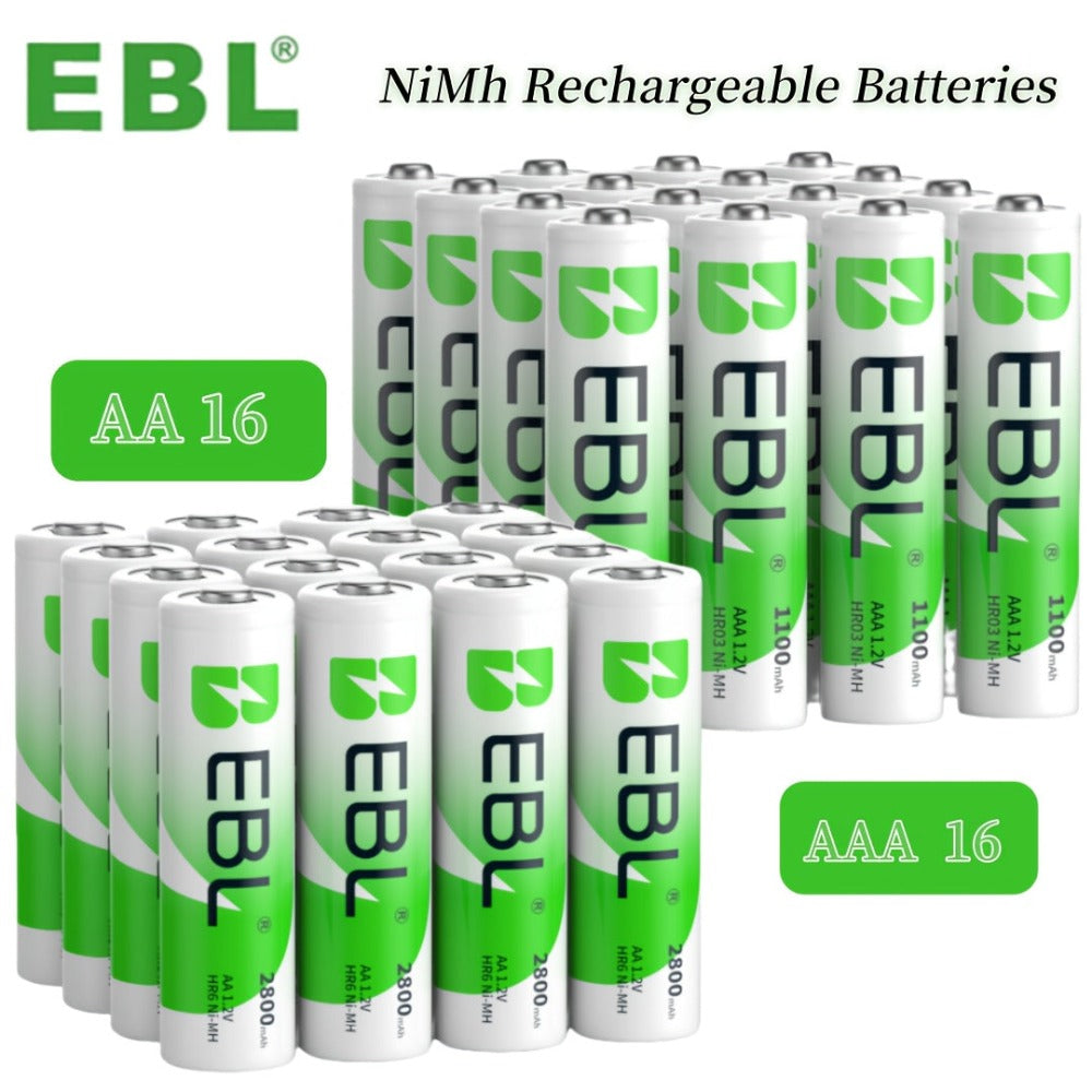 EBL ofrece un juego de 32 pilas Nimh recargables, que incluye 16 pilas AA con una capacidad de 2800 mAh y 16 pilas AAA con una capacidad de 1100 mAh