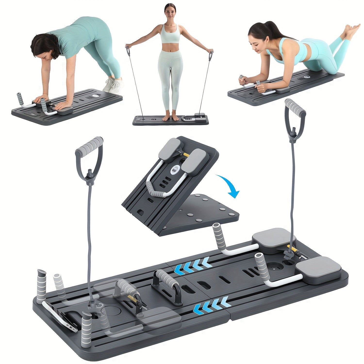 Tabla de Pilates Yoga Plegable | Set de Gimnasio Multifuncional para el Hogar con Temporizador, 2 Manijas de Resistencia, 2 Cuerdas de Tensión, Barra de Flexiones y Plataforma de Equilibrio | Entrenamiento de Core y Fuerza para Mujeres y Principiantes, En