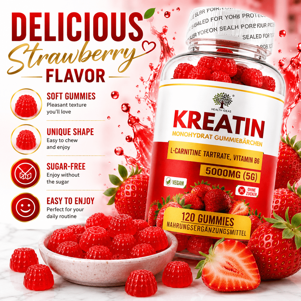 Creatina Monohidrato Gomas de Fresa 5000mg (5g) por Porción – 120 Gomas de Fresa Veganas – Con Tartrato de L-Carnitina y Vitamina B6 – Suplemento Alimenticio Sin Azúcar para Adultos – Fórmula Diaria Fácil de Masticar – Alternativa Conveniente a las Polvos