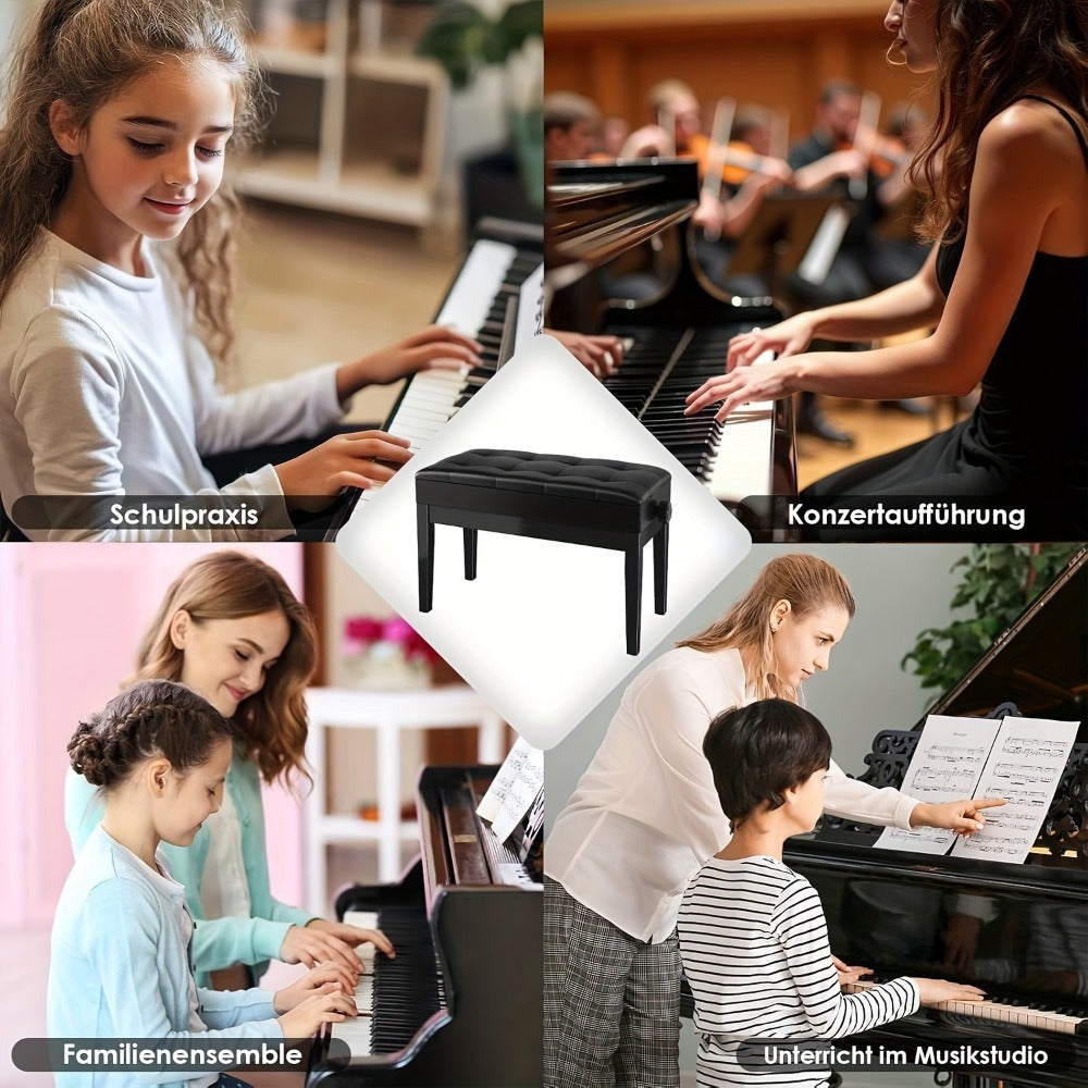 Taburete de Piano Ajustable en Altura para 2 Personas, Silla de Piano con Espacio de Almacenamiento, Banco de Piano 73 x 35 x 48-58 cm, Banco de Piano con Cojín de Cuero PU, Taburete de Piano con Capacidad de Carga de hasta 200 kg, Banco de Teclado de Mad