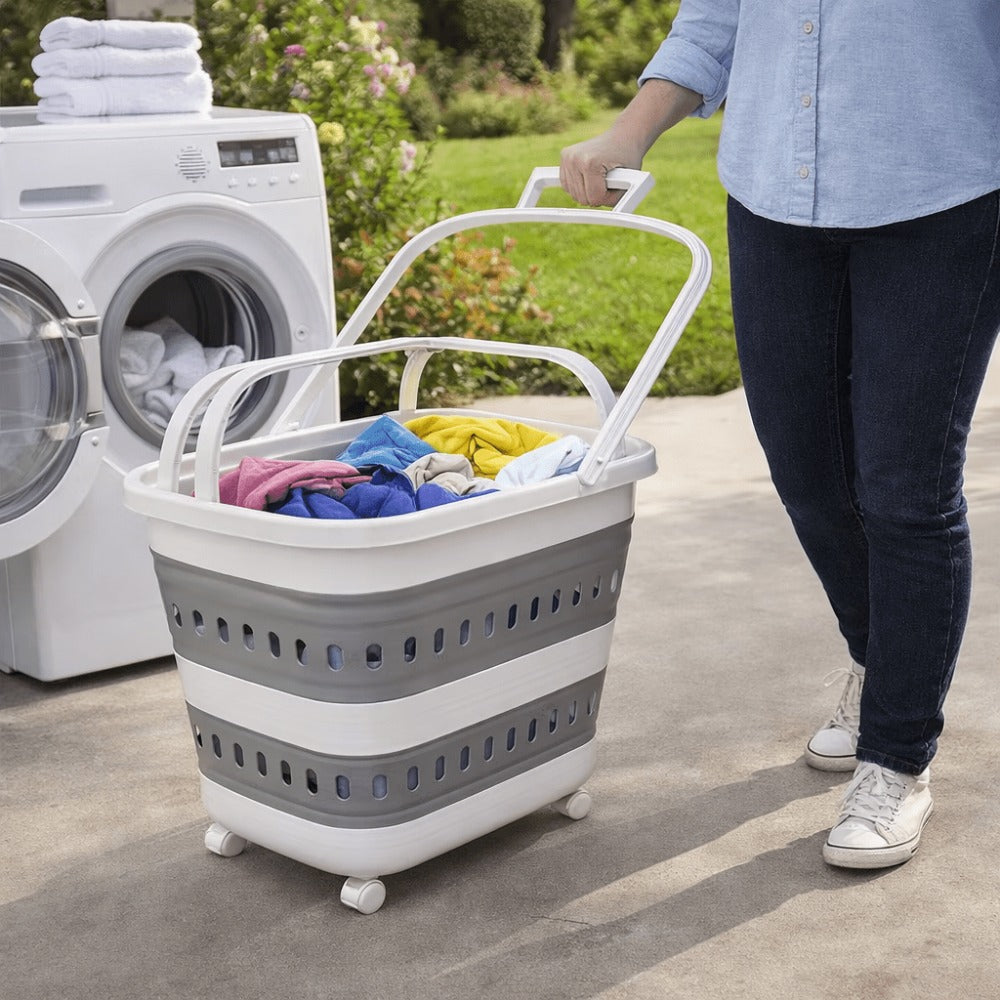 Cesta de Ropa Retráctil y Plegable con Ruedas - 45 Litros - Blanco Gris