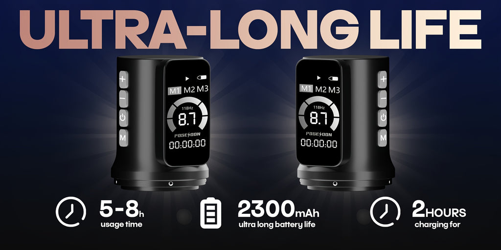 Kit de pluma máquina de tatuaje rotativa inalámbrica POSEIDON, motor sin núcleo de trazo ajustable de 2.4-4.2 mm, dos baterías con pantalla digital de 2300 mAh, viene con 10 agujas de tatuaje y otras adiciones