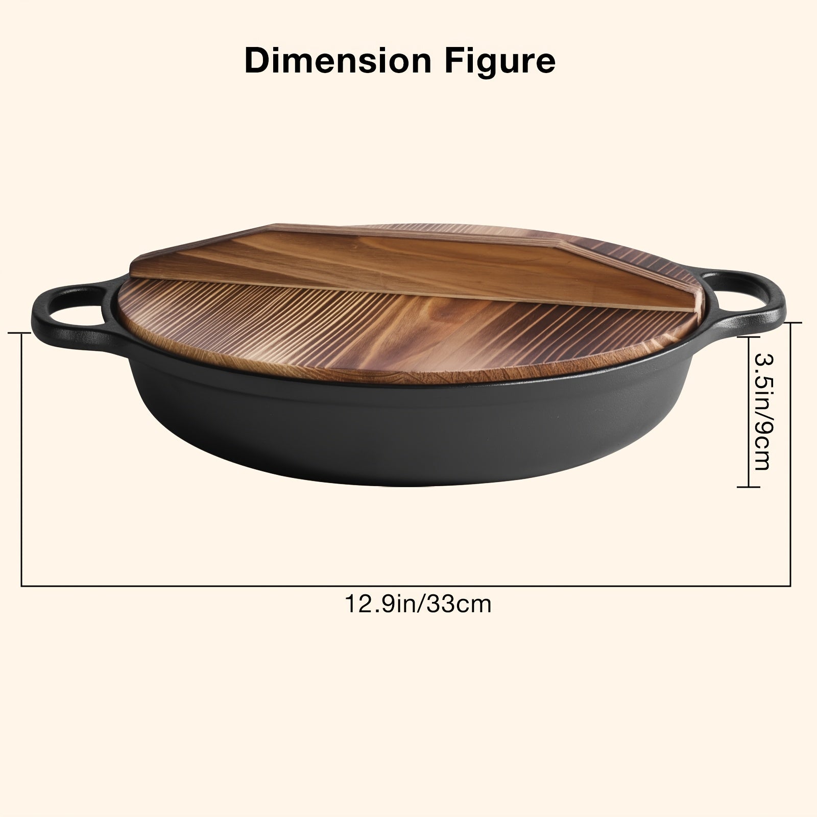 Olla de hierro fundido de 25CM con doble asa y tapa de madera, material de hierro fundido de alta calidad, conducción de calor uniforme, compatible con vaporización, fritura, estofado y hervido, apta para cocinas de inducción, estufas de cerámica y fuego