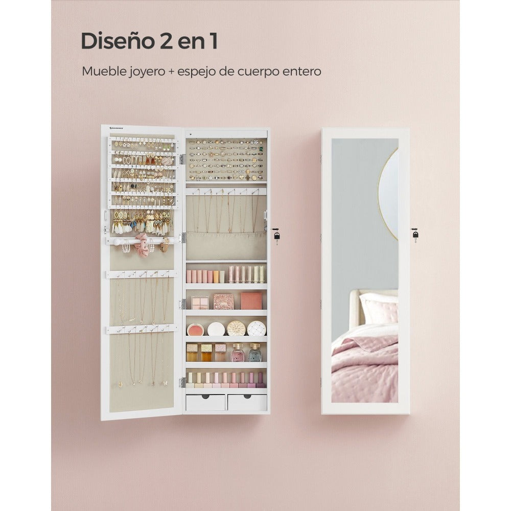 Armario Joyero Con Espejo, Joyero Para Pared O Puerta, Con Cerradura, 2 Cajones, 10 X 37 X 120 Cm, organizador pulseras collares pendientes anillos, diseño moderno accesorios joyas decoración dormitorio elegante, Regalos de Festivos, Regalos de Navidad