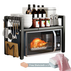 Estante Extensible para Microondas de 2 Niveles con 5 Ganchos, Soporte para Tabla de Cortar y 3 Toallas, Organizador de Cocina, Estante para Hornear en Microondas para Encimeras, Extensible de 40-64 cm (, Blanco)