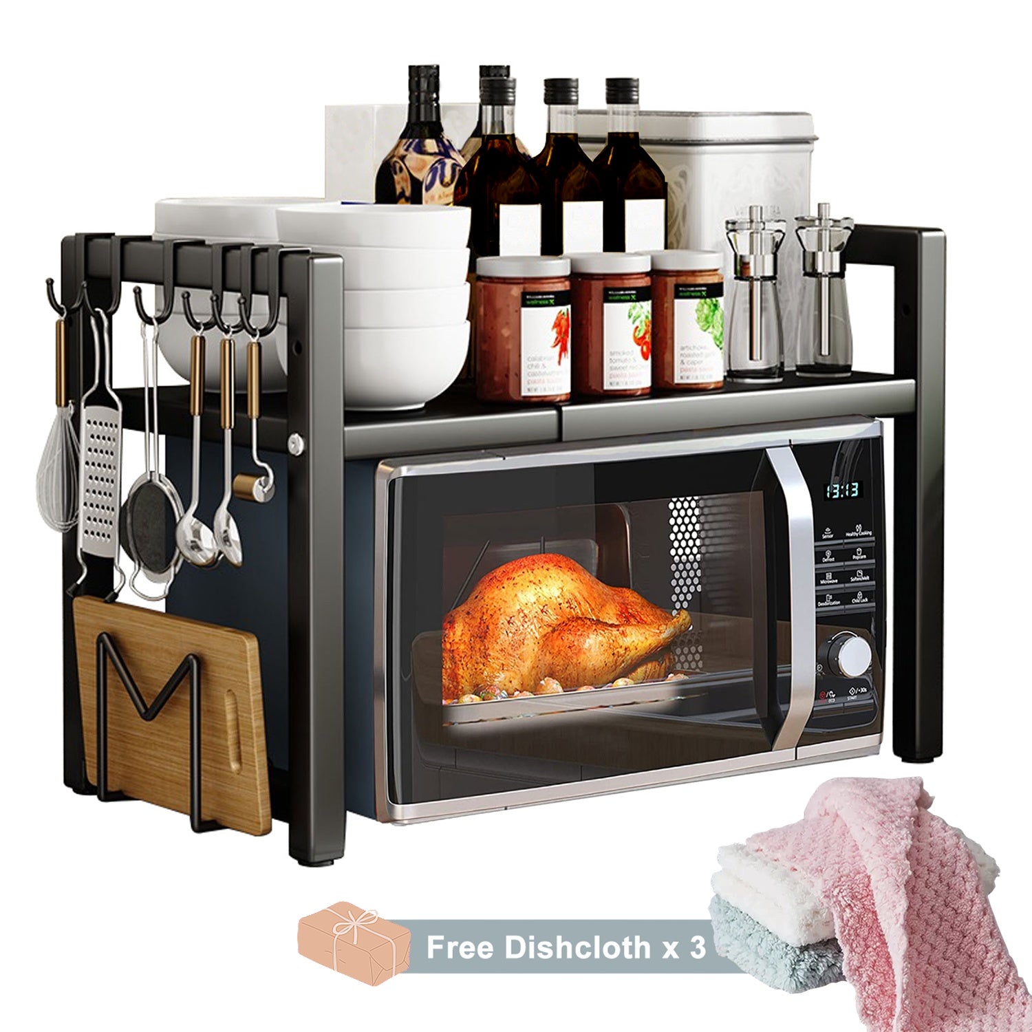 Estante Extensible para Microondas de 2 Niveles con 5 Ganchos, Soporte para Tabla de Cortar y 3 Toallas, Organizador de Cocina, Estante para Hornear en Microondas para Encimeras, Extensible de 40-64 cm (, Blanco)
